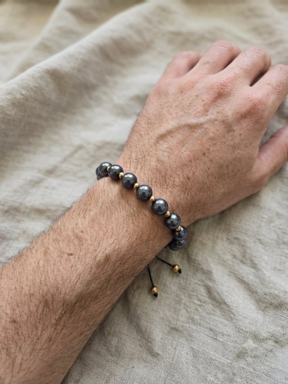 Unisex Dark Metallic Gray Bead Adjustable Macrame Bracelet Gold Accents - Picture 7 of 11